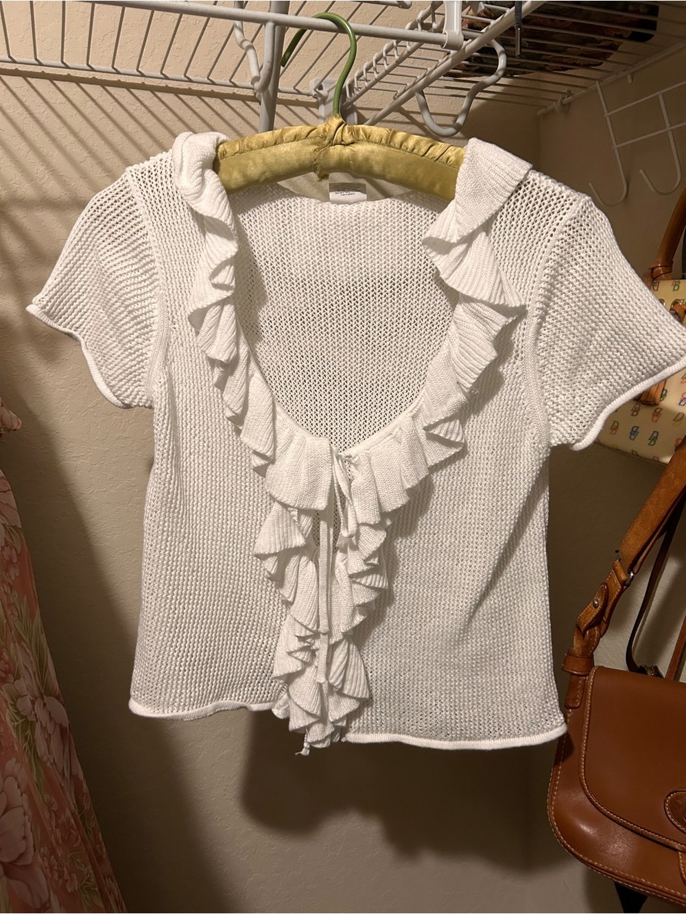 Women's White Ruffle Knit Short-Sleeve Top